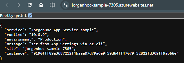 JSON response from the deployed sample app: environment Production, message 'set from App Settings via az cli' overriding the appsettings.json value, the App Service site name, and a WEBSITE_INSTANCE_ID.