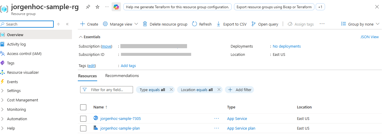 Azure portal showing the resource group created by the CLI commands, containing an App Service named jorgenhoc-sample-7305 and an App Service plan named jorgenhoc-sample-plan, both in East US.