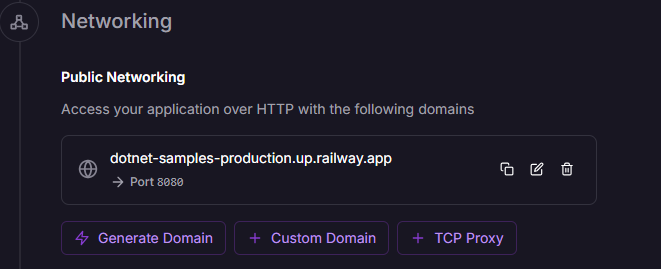 Railway Networking settings showing the generated public domain dotnet-samples-production.up.railway.app pointing at port 8080, with Generate Domain, Custom Domain, and TCP Proxy buttons.