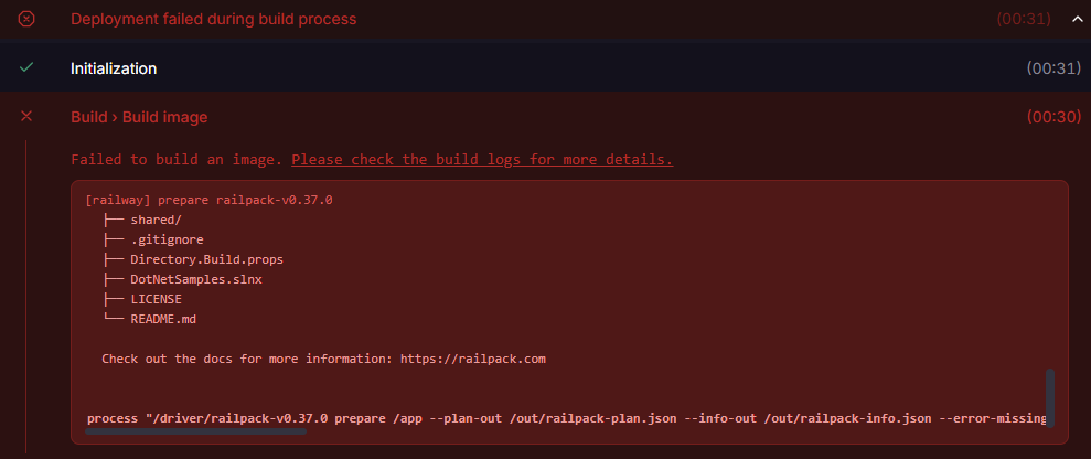 Railway build log showing 'Deployment failed during build process': Railpack lists the repository root contents — shared/, .gitignore, Directory.Build.props, DotNetSamples.slnx, LICENSE, README.md — and fails to build an image.