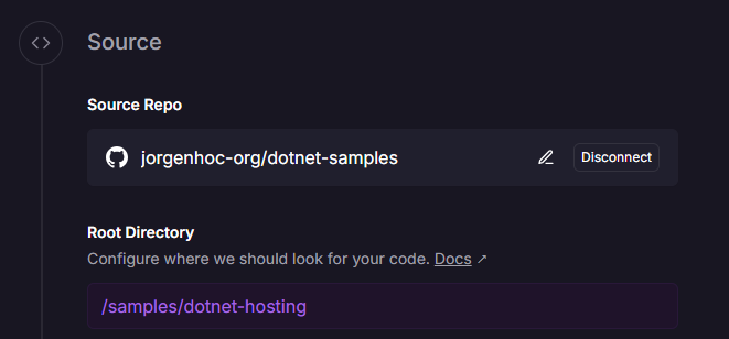 Railway Source settings showing the connected repo jorgenhoc-org/dotnet-samples and the Root Directory field set to /samples/dotnet-hosting.