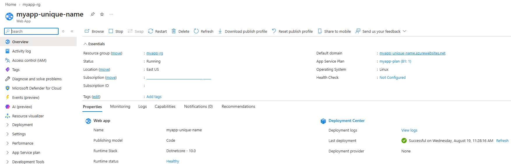 Azure portal overview of the myapp-unique-name Web App: Status Running, Location East US, Operating System Linux on the myapp-plan B1 plan, Runtime Stack Dotnetcore 10.0, runtime status Healthy, and the Deployment Center showing the last deployment succeeded on Wednesday, August 19.