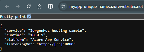 Browser at myapp-unique-name.azurewebsites.net showing the sample's JSON response: service JorgenHoc hosting sample, runtime 10.0.9, platform Azure App Service, listening on port 8080.