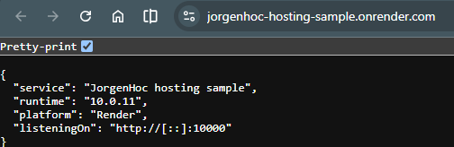 Browser at jorgenhoc-hosting-sample.onrender.com showing the sample's JSON response: service JorgenHoc hosting sample, runtime 10.0.11, platform Render, listening on port 10000 — Render's injected PORT value.