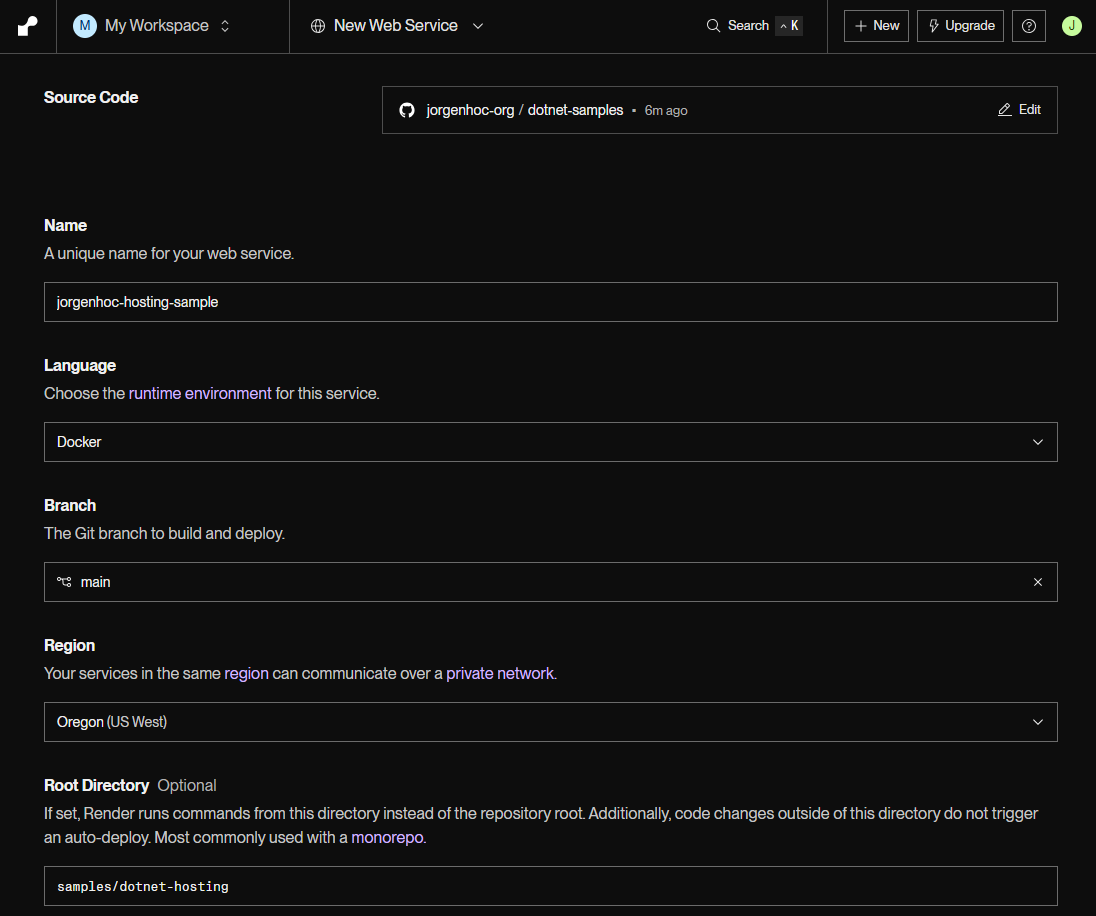 Render's New Web Service form for the jorgenhoc-org/dotnet-samples repository: name jorgenhoc-hosting-sample, Language set to Docker, branch main, region Oregon US West, and Root Directory samples/dotnet-hosting for the monorepo.