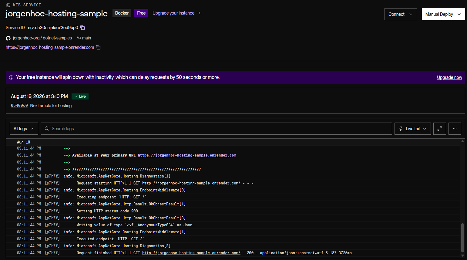 Render dashboard for the jorgenhoc-hosting-sample web service showing Docker and Free badges, a Live deploy from August 19, 2026, a banner warning that the free instance will spin down with inactivity and can delay requests by 50 seconds or more, and live logs of an HTTP GET returning 200 with application/json.