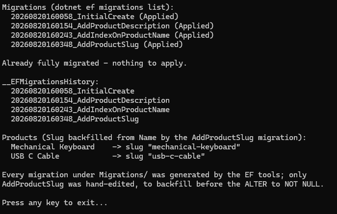 Console output of the migrations sample: the four migrations InitialCreate, AddProductDescription, AddIndexOnProductName and AddProductSlug listed as pending, then the program migrating to the pre-Slug schema, seeding two rows, and applying AddProductSlug; the __EFMigrationsHistory table lists all four applied migrations, and the two products show their Slug backfilled from Name — Mechanical Keyboard to mechanical-keyboard and USB C Cable to usb-c-cable.