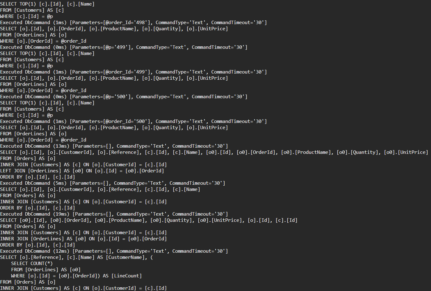 EF Core query log: the tail of an N+1 flood showing SELECT TOP(1) FROM Customers repeated with parameters 498, 499 and 500, followed by the single INNER JOIN query produced by Include, the AsSplitQuery pair, and the Select projection with a COUNT subquery.